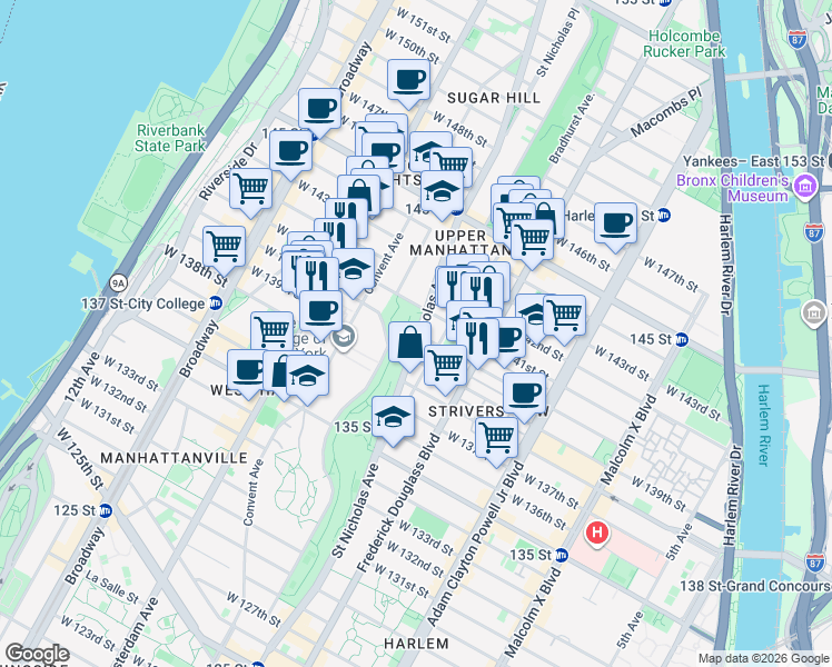 map of restaurants, bars, coffee shops, grocery stores, and more near West 140th Street in New York