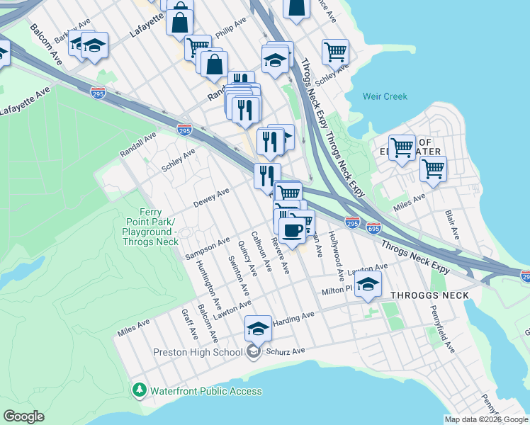 map of restaurants, bars, coffee shops, grocery stores, and more near 423 Revere Avenue in Bronx