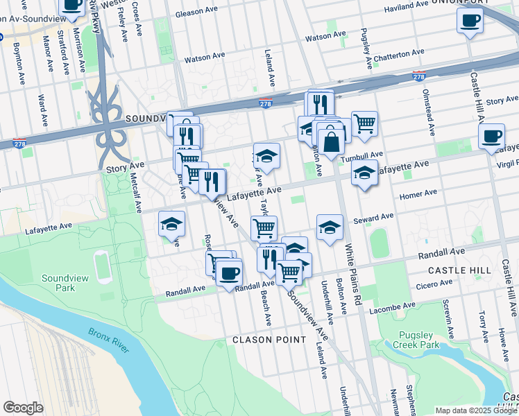 map of restaurants, bars, coffee shops, grocery stores, and more near 1810 Lafayette Avenue in Bronx