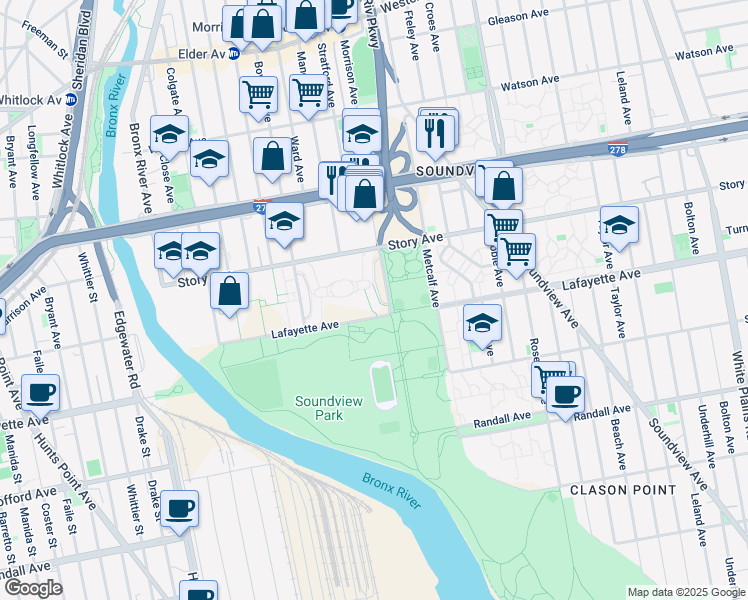 map of restaurants, bars, coffee shops, grocery stores, and more near 825 Morrison Avenue in The Bronx