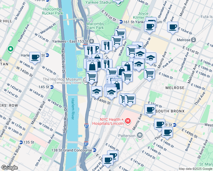 map of restaurants, bars, coffee shops, grocery stores, and more near 639 Walton Avenue in Bronx