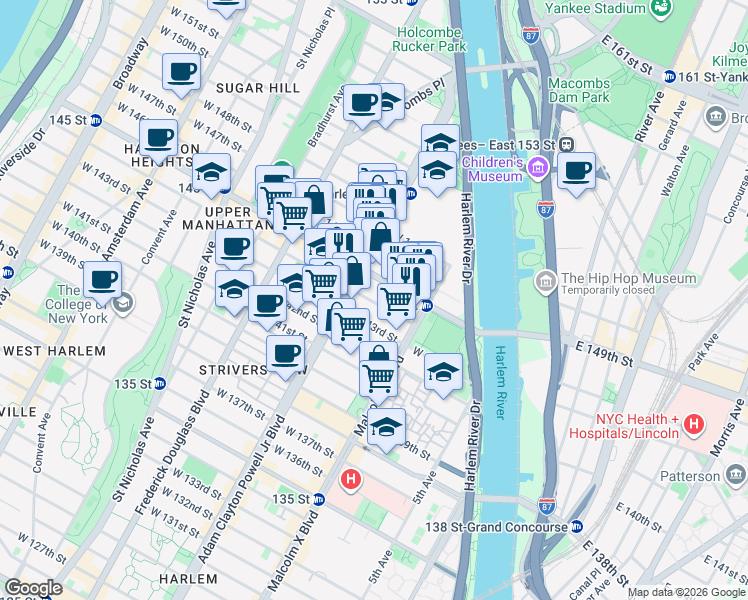 map of restaurants, bars, coffee shops, grocery stores, and more near 128 West 145th Street in New York