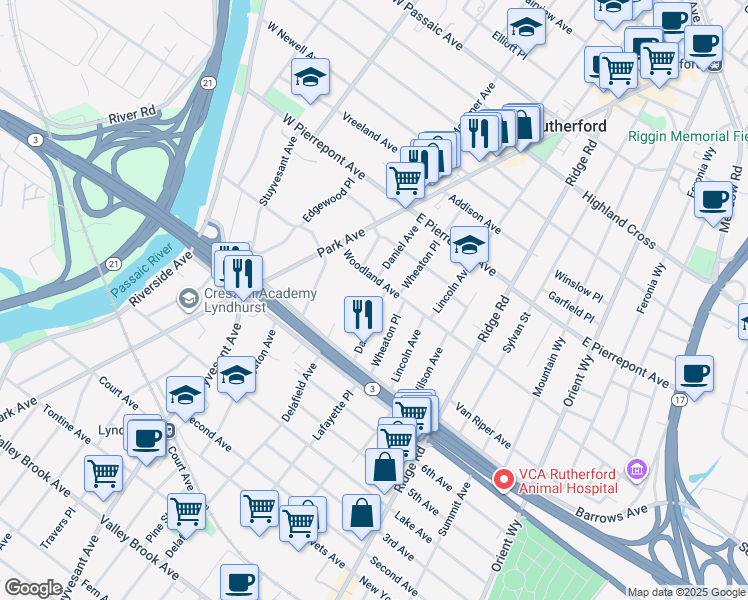 map of restaurants, bars, coffee shops, grocery stores, and more near 56 Daniel Avenue in Rutherford
