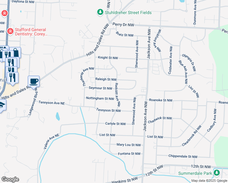 map of restaurants, bars, coffee shops, grocery stores, and more near 7303 Seymour Street Northwest in Massillon