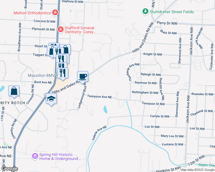 map of restaurants, bars, coffee shops, grocery stores, and more near 2000 Sherman Circle Northeast in Massillon