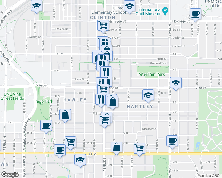 map of restaurants, bars, coffee shops, grocery stores, and more near 2744 Vine Street in Lincoln