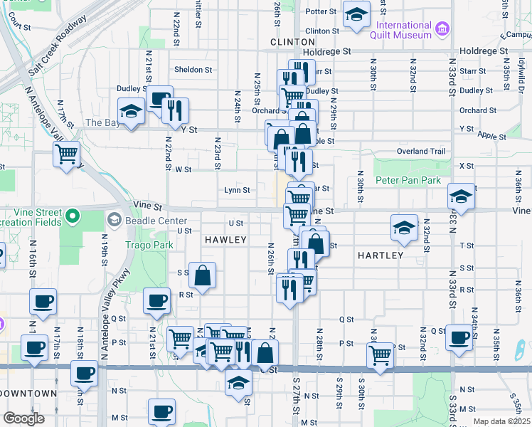 map of restaurants, bars, coffee shops, grocery stores, and more near 2532 Vine Street in Lincoln