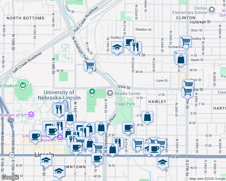 map of restaurants, bars, coffee shops, grocery stores, and more near in Lincoln