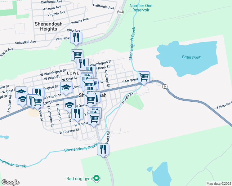 map of restaurants, bars, coffee shops, grocery stores, and more near 15 South Grant Street in Shenandoah