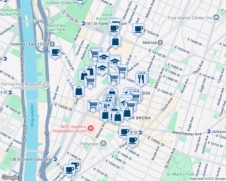 map of restaurants, bars, coffee shops, grocery stores, and more near 675 Morris Avenue in Bronx