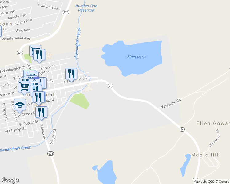 map of restaurants, bars, coffee shops, grocery stores, and more near East Centre Street in Shenandoah