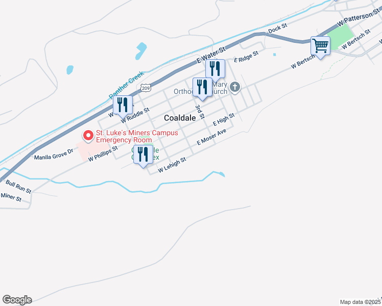 map of restaurants, bars, coffee shops, grocery stores, and more near 7 East Lehigh Street in Coaldale