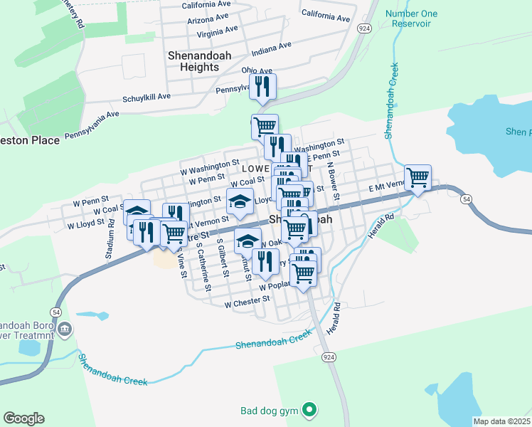 map of restaurants, bars, coffee shops, grocery stores, and more near 14 North Jardin Street in Shenandoah