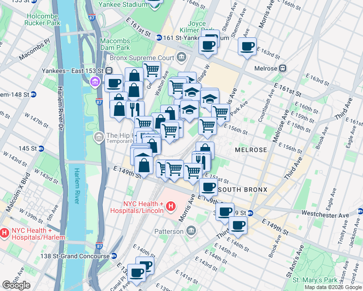 map of restaurants, bars, coffee shops, grocery stores, and more near 702 Concourse Village West in The Bronx