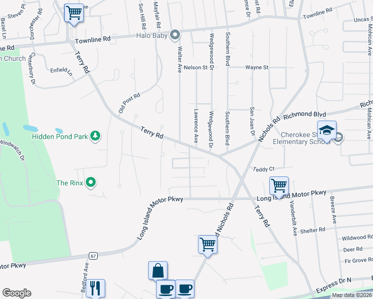 map of restaurants, bars, coffee shops, grocery stores, and more near 785 Terry Road in Hauppauge