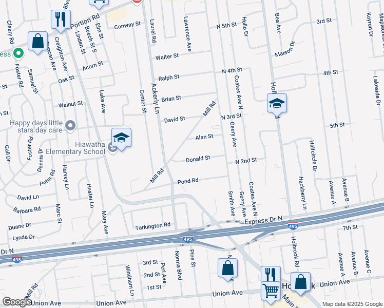 map of restaurants, bars, coffee shops, grocery stores, and more near 201 Mill Road in Holbrook