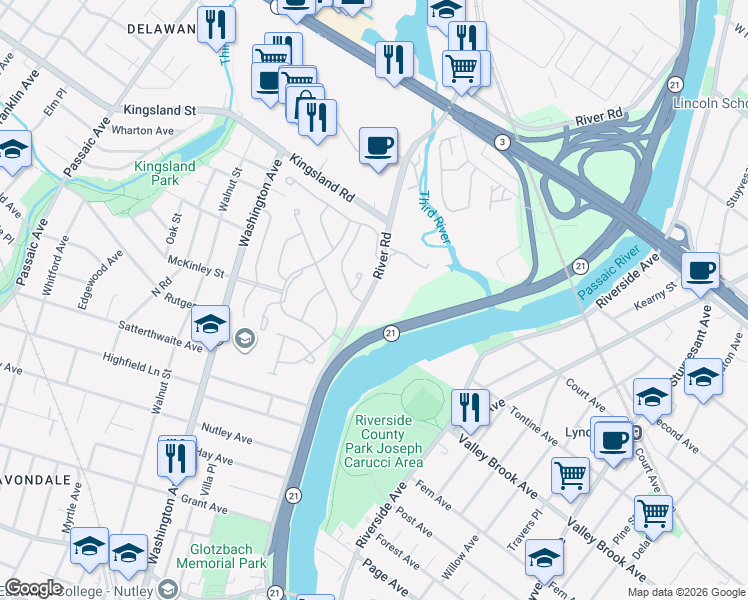 map of restaurants, bars, coffee shops, grocery stores, and more near 581 Brittany Circle in Nutley