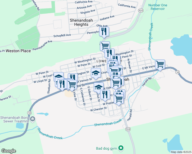 map of restaurants, bars, coffee shops, grocery stores, and more near 233 West Mount Vernon Street in Shenandoah