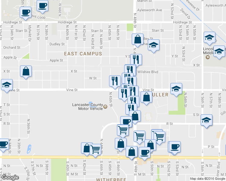 map of restaurants, bars, coffee shops, grocery stores, and more near 4603 Vine St in Lincoln