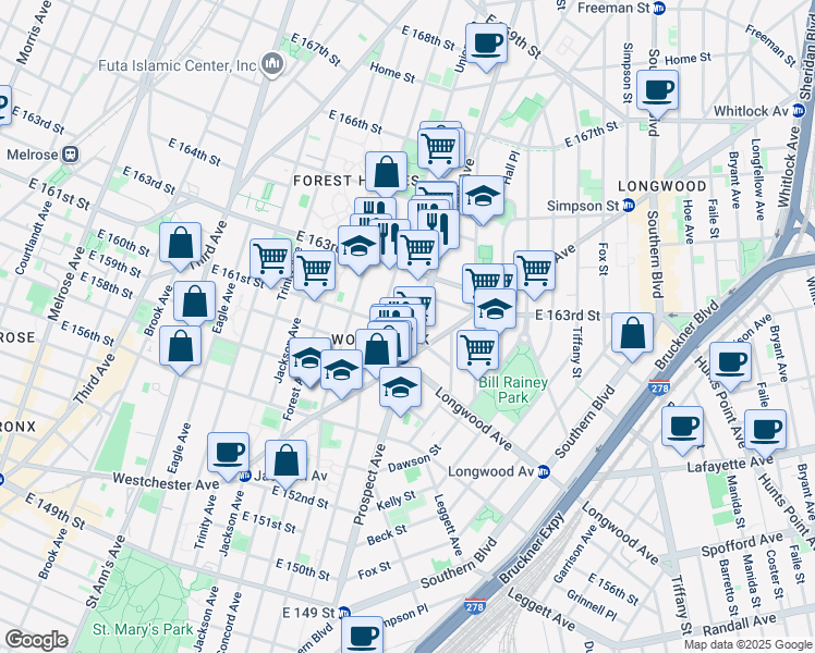 map of restaurants, bars, coffee shops, grocery stores, and more near 922 Union Avenue in Bronx