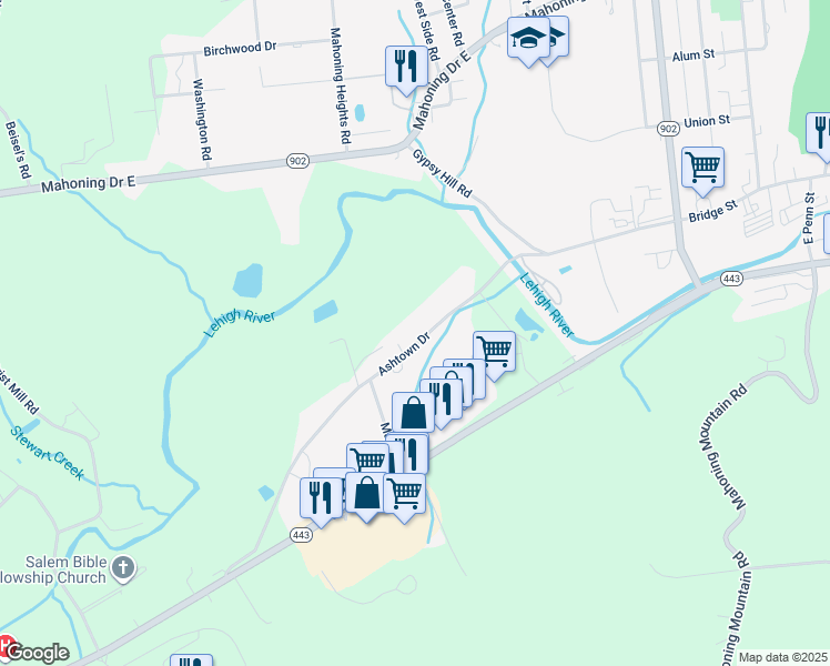 map of restaurants, bars, coffee shops, grocery stores, and more near 244 Ashtown Drive in Lehighton