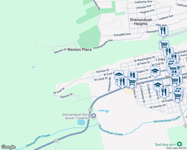 map of restaurants, bars, coffee shops, grocery stores, and more near 1015 West Coal Street in Shenandoah
