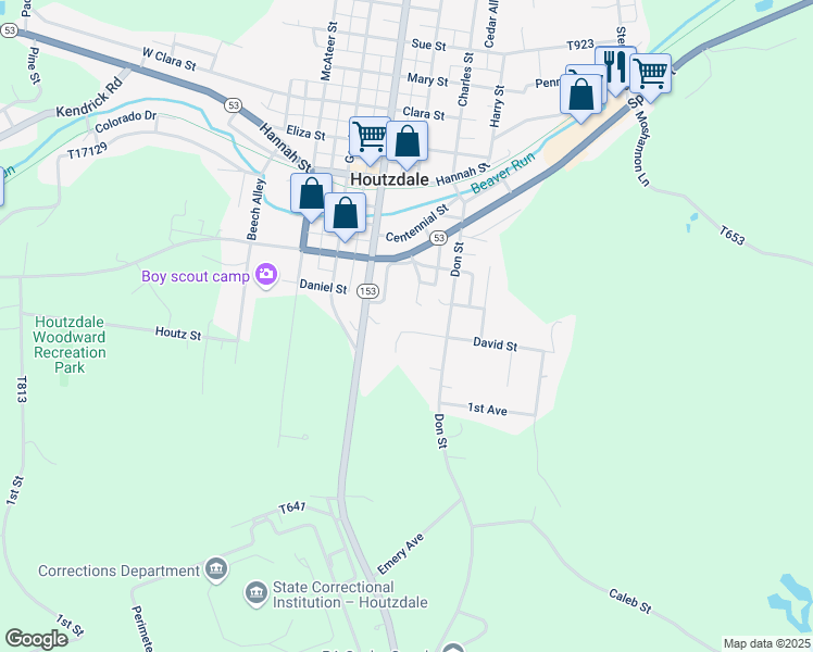 map of restaurants, bars, coffee shops, grocery stores, and more near 516 David Street in Houtzdale
