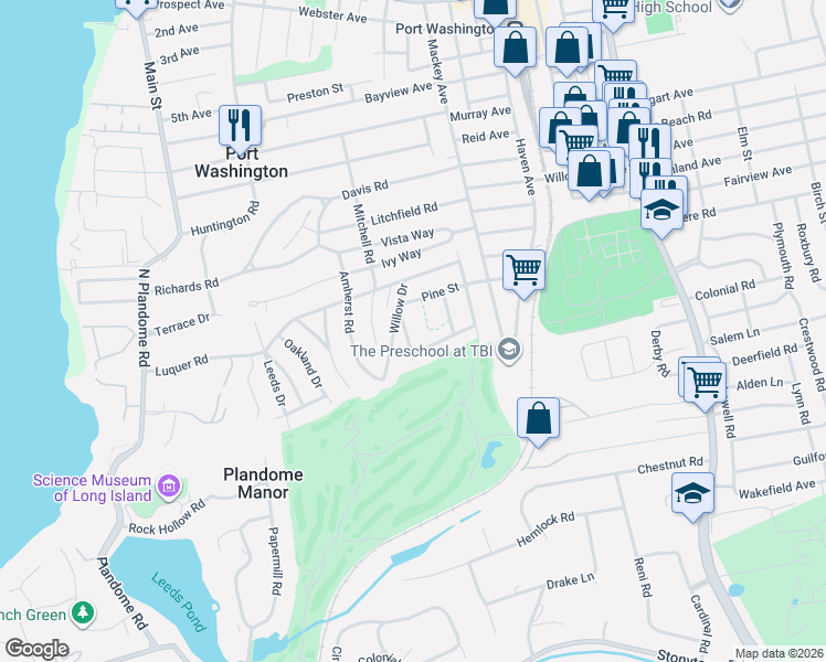 map of restaurants, bars, coffee shops, grocery stores, and more near 6 Chelsea Drive in Port Washington