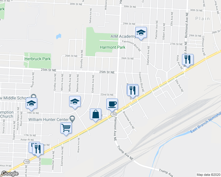 map of restaurants, bars, coffee shops, grocery stores, and more near 2222 Bollinger Avenue Northeast in Canton
