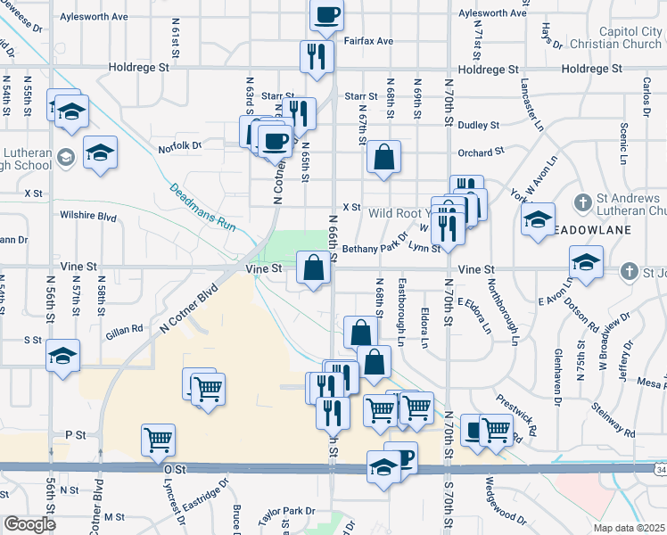 map of restaurants, bars, coffee shops, grocery stores, and more near Vine Street & North 66th Street in Lincoln
