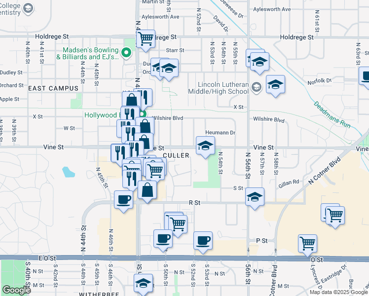 map of restaurants, bars, coffee shops, grocery stores, and more near 5135 Vine Street in Lincoln