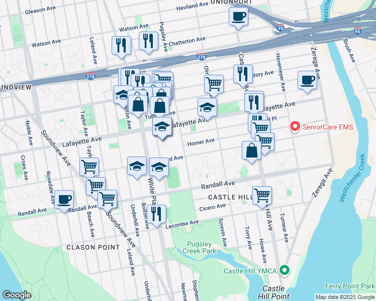 map of restaurants, bars, coffee shops, grocery stores, and more near 2008 Homer Avenue in Bronx