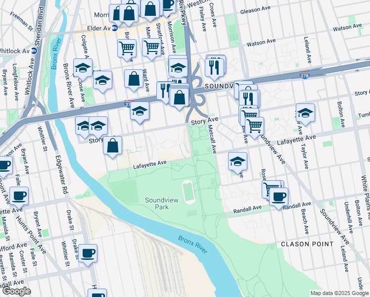 map of restaurants, bars, coffee shops, grocery stores, and more near 825 Morrison Avenue in The Bronx