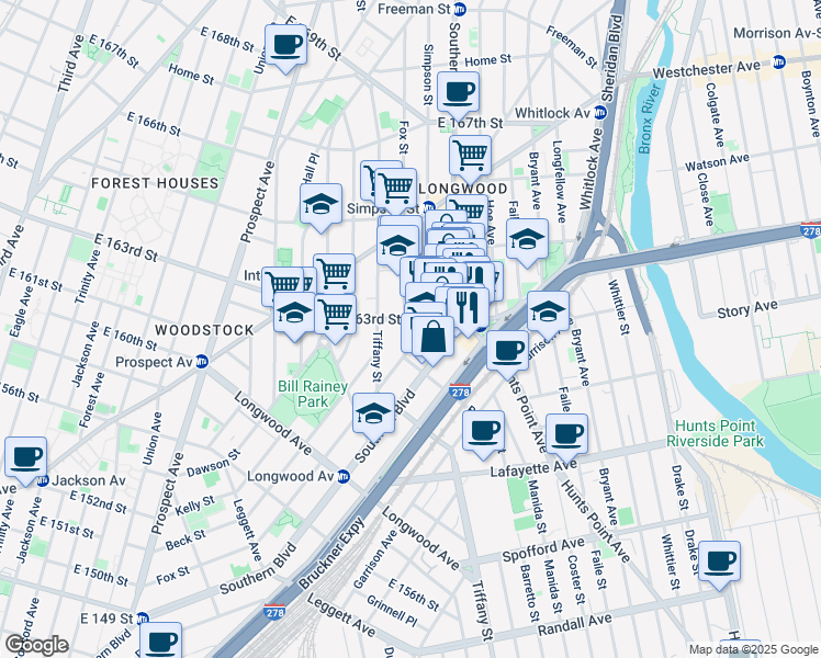 map of restaurants, bars, coffee shops, grocery stores, and more near 1009 East 163rd Street in The Bronx