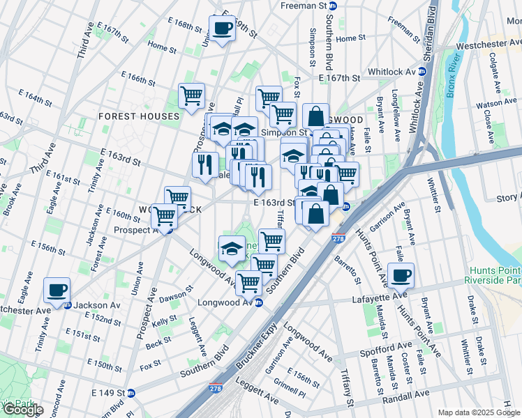 map of restaurants, bars, coffee shops, grocery stores, and more near 949e Kelly Street in Bronx