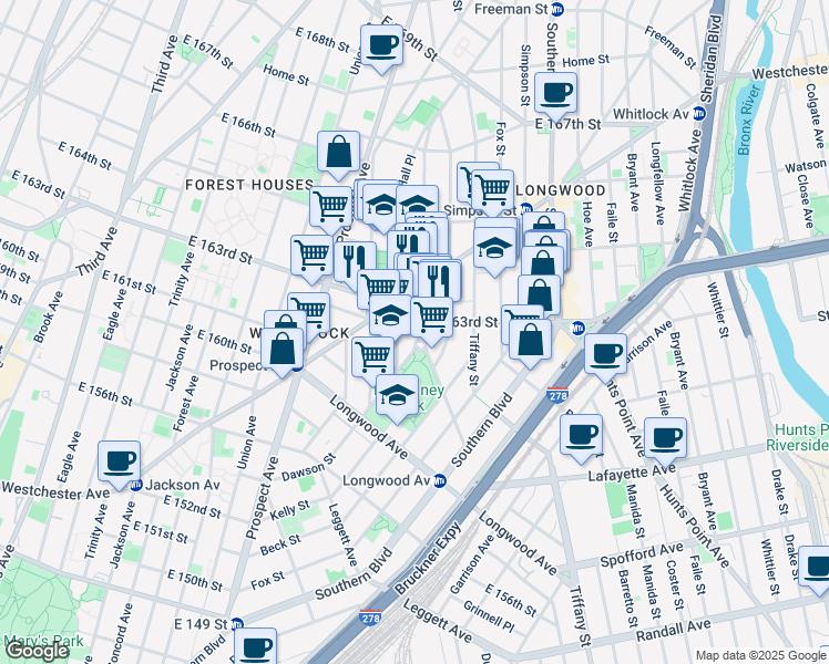 map of restaurants, bars, coffee shops, grocery stores, and more near 919e East 163rd Street in Bronx