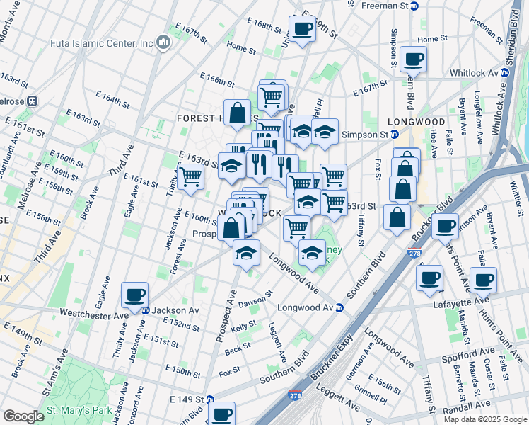 map of restaurants, bars, coffee shops, grocery stores, and more near 900 Prospect Avenue in Bronx