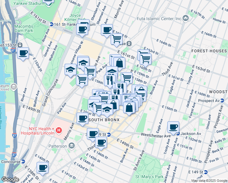 map of restaurants, bars, coffee shops, grocery stores, and more near 732 Courtlandt Avenue in The Bronx