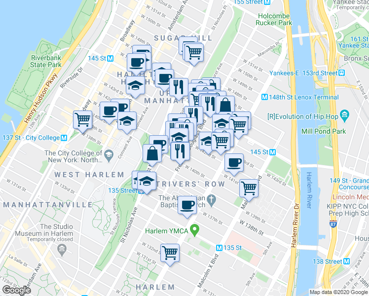 map of restaurants, bars, coffee shops, grocery stores, and more near 308 West 142nd Street in New York