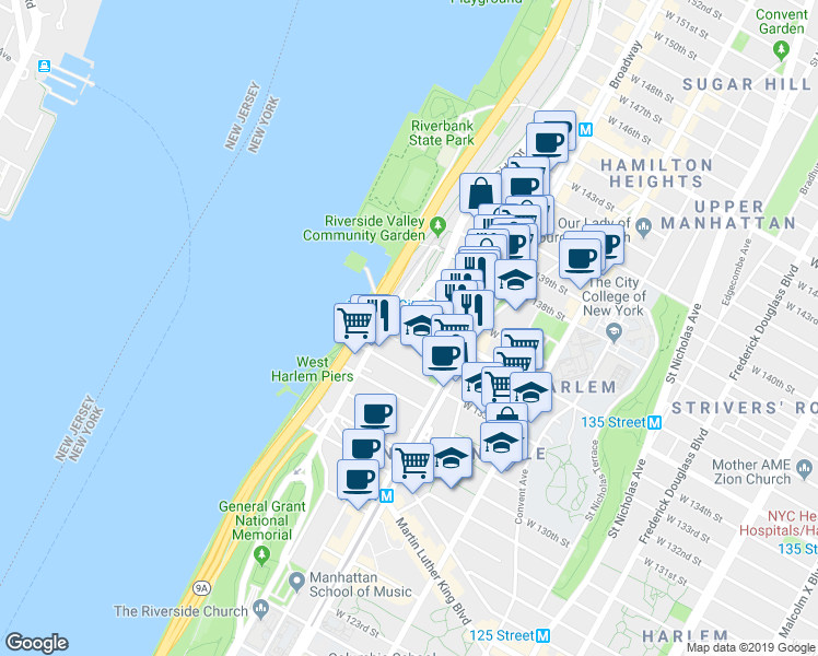 map of restaurants, bars, coffee shops, grocery stores, and more near 636 West 135th Street in New York