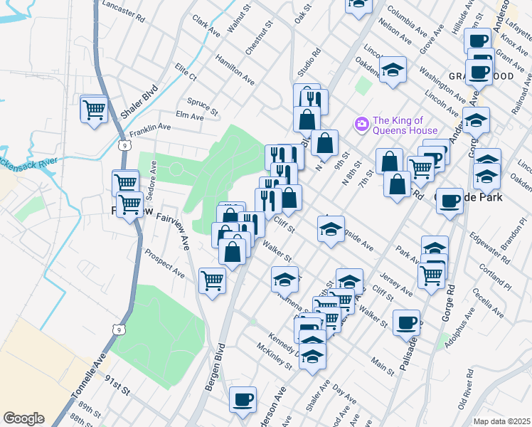 map of restaurants, bars, coffee shops, grocery stores, and more near 344 Bergen Boulevard in Fairview