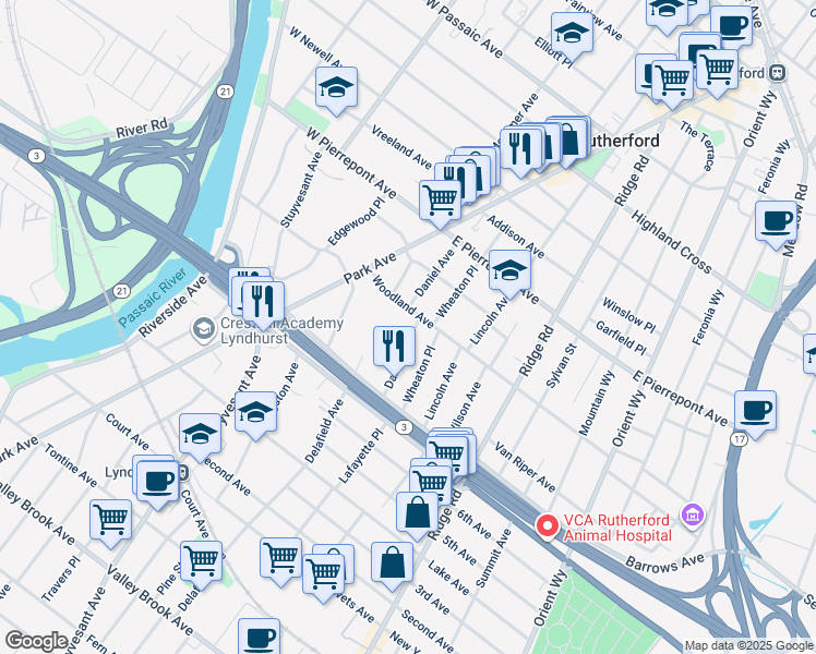 map of restaurants, bars, coffee shops, grocery stores, and more near 56 Daniel Avenue in Rutherford