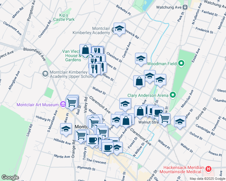 map of restaurants, bars, coffee shops, grocery stores, and more near 15 Central Avenue in Montclair