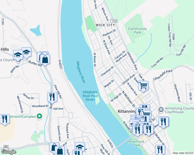 map of restaurants, bars, coffee shops, grocery stores, and more near 713 North Water Street in Kittanning