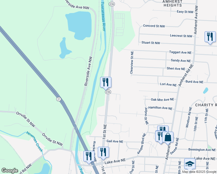 map of restaurants, bars, coffee shops, grocery stores, and more near 1950 Erie Avenue Northwest in Massillon