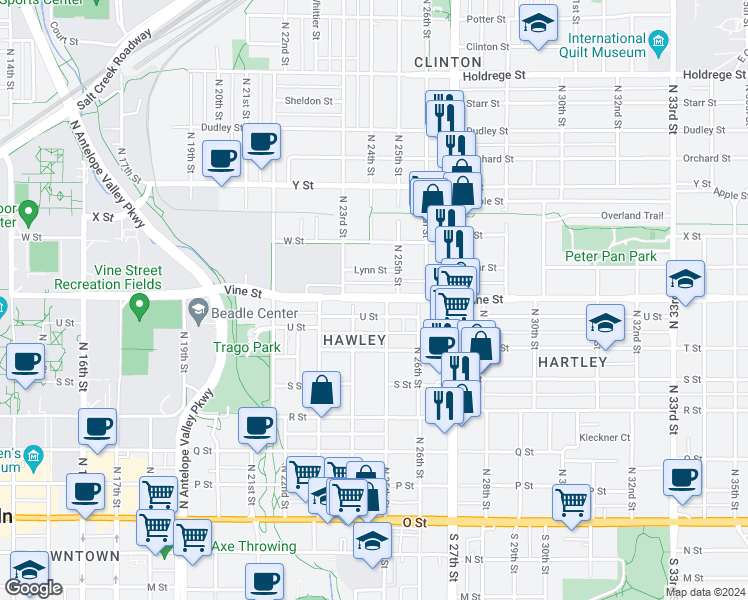 map of restaurants, bars, coffee shops, grocery stores, and more near 2454 Vine Street in Lincoln