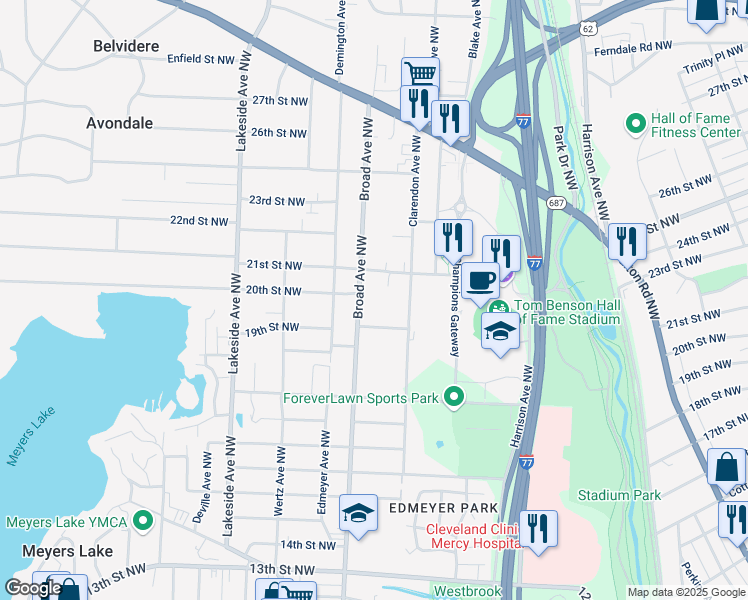 map of restaurants, bars, coffee shops, grocery stores, and more near 2008 Broad Avenue Northwest in Canton