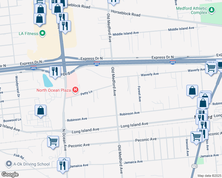 map of restaurants, bars, coffee shops, grocery stores, and more near 39 Petty Lane in Medford