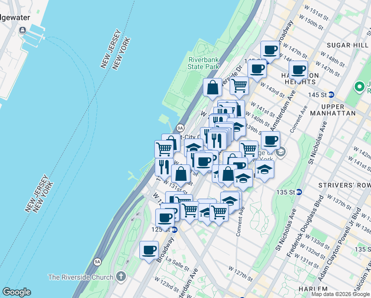 map of restaurants, bars, coffee shops, grocery stores, and more near 636 West 135th Street in New York