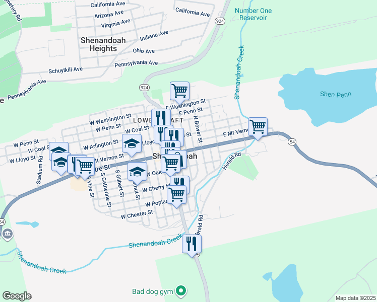 map of restaurants, bars, coffee shops, grocery stores, and more near 3 South White Street in Shenandoah